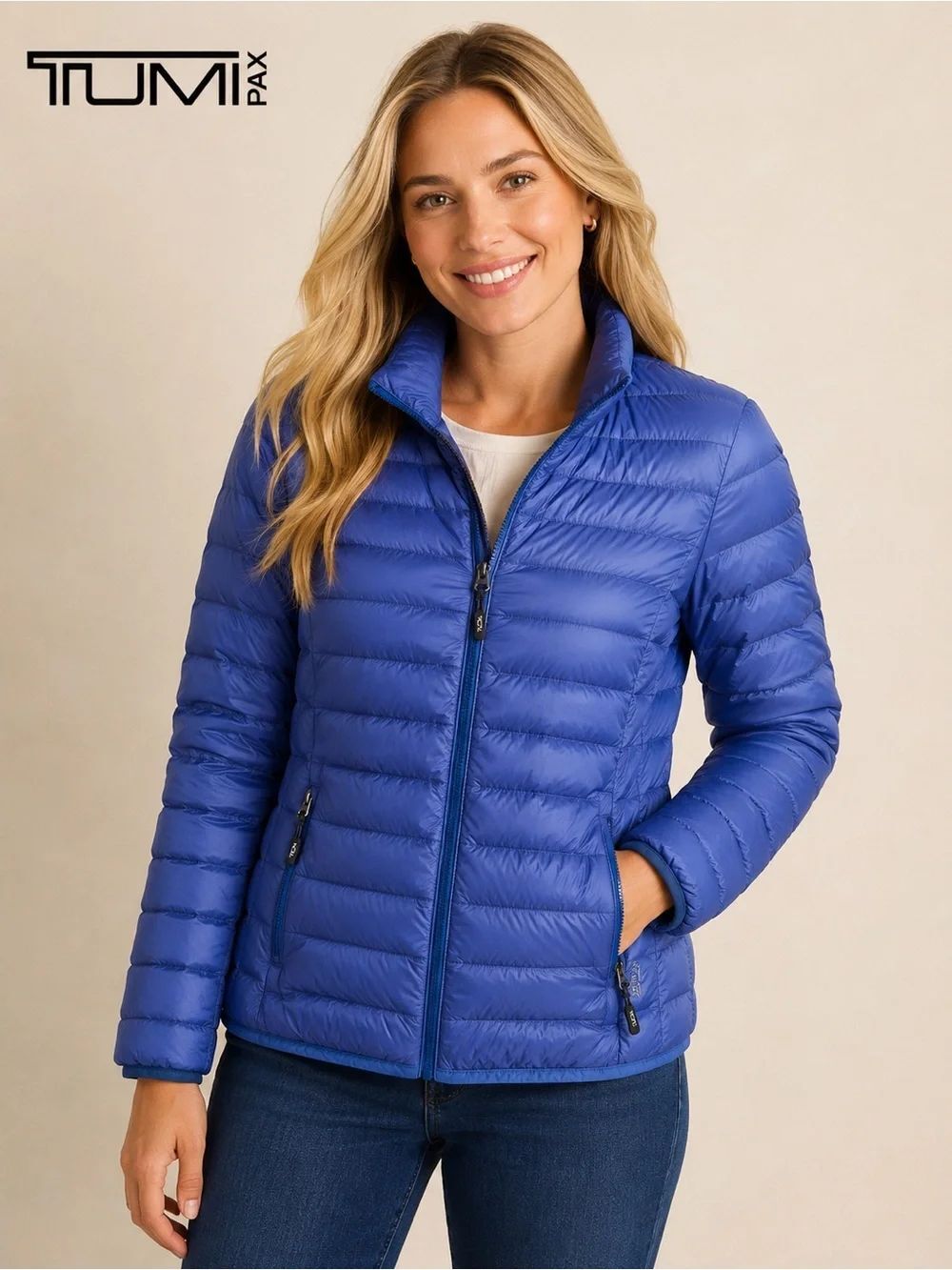 TUMI Pax Packable Down Puffer Jacket Blue Travel Neck Pillow Women’s M